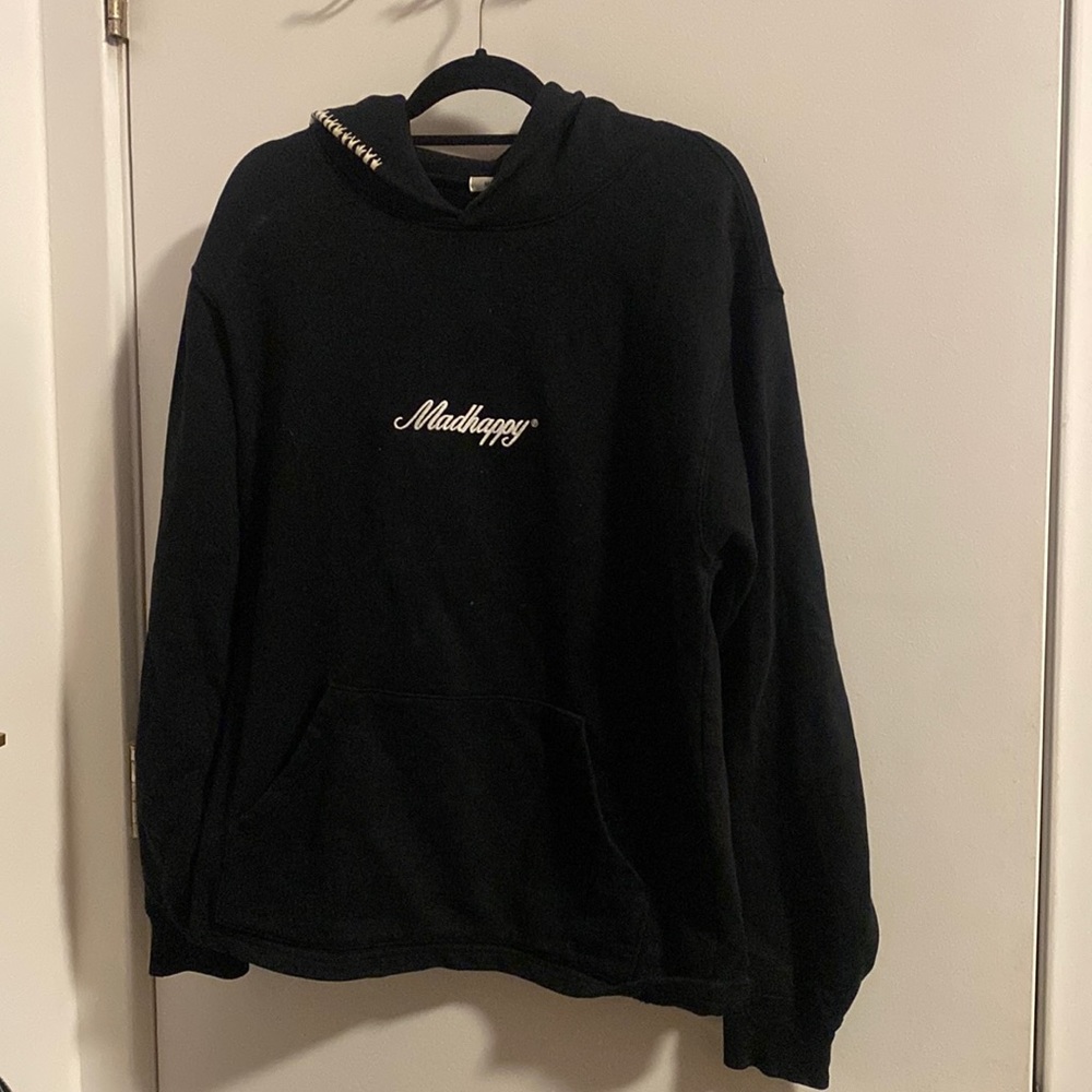 MadHappy Black hoodie with signature white stitching women’s size S